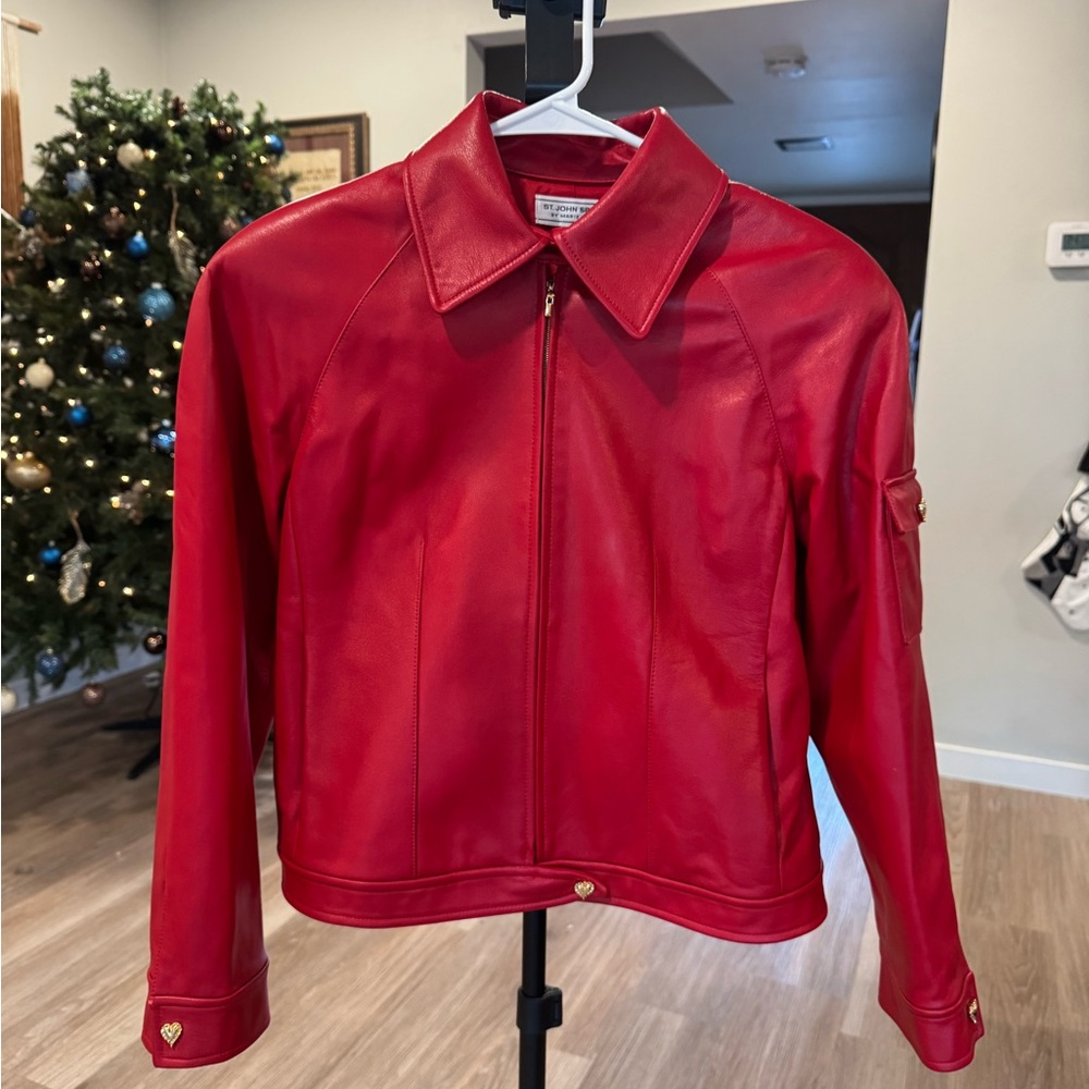 St. John’s Sport by Marie Gray Red Leather Jacket w/ Gold Heart Button Details